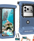 Fully Submersible Diving Phone Case With Full Touchscreen Access Dope Waterproof IPX8 Underwater Housing For Phones Up To 6.9 Inches, with diver and turtle image on screen, case fits iPhone 17 to Galaxy S26 models.