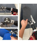 Close-up and action shots of Plate Cutter Drill Attachment For Metal Sheets Upgraded 2024 Nibbler Drill Shears Fast Cutting Tool.