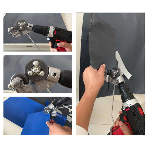 Close-up and action shots of Plate Cutter Drill Attachment For Metal Sheets Upgraded 2024 Nibbler Drill Shears Fast Cutting Tool.
