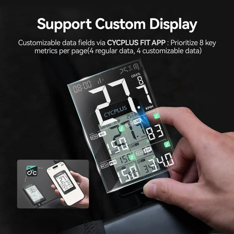 Hand holding Wireless GPS Bike Computer With ANT Plus And Bluetooth Two Point Eight Inch LCD Screen IP67 Waterproof