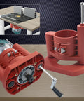 Dead Serious Rock Solid DIY Router Table Lift Kit And Insert Base Plate For Woodworking, red aluminum base with crank handle.