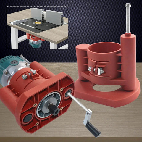 Dead Serious Rock Solid DIY Router Table Lift Kit And Insert Base Plate For Woodworking, red aluminum base with crank handle.