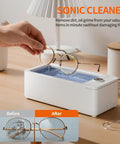 Quick Grab 50 Khz Ultrasonic Cleaner With Three Timer Settings For Bling Glasses Watches Dentures And Razors To Keep Your Daily Carry Fresh Without Any Drama Or Excess Mess Around Your Sink Area, cleaning glasses in a 350ml tank.