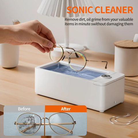 Quick Grab 50 Khz Ultrasonic Cleaner With Three Timer Settings For Bling Glasses Watches Dentures And Razors To Keep Your Daily Carry Fresh Without Any Drama Or Excess Mess Around Your Sink Area, cleaning glasses in a 350ml tank.