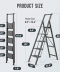 Five Step Home Ladder With 300 Lb Capacity And 46 Inch Top Step, Stable No Wobble Design With Side And Back Braces, Slim Fold For Easy Storage, Compact Black Indoor Utility Ladder size chart, folded and open view