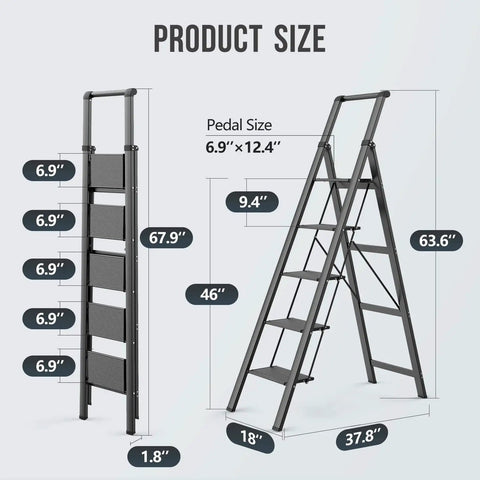 Five Step Home Ladder With 300 Lb Capacity And 46 Inch Top Step, Stable No Wobble Design With Side And Back Braces, Slim Fold For Easy Storage, Compact Black Indoor Utility Ladder size chart, folded and open view