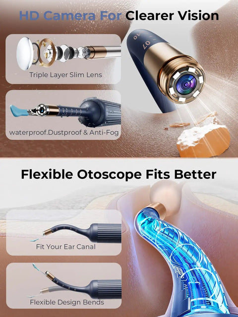 Ear Wax Removal Kit With Flexible Ear Camera Otoscope Visual Ear Cleaner showing HD camera and flexible otoscope design