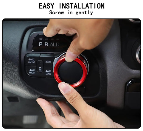 Aluminum Headlight And Gear Shift Knob Cover Set For Dodge RAM 2018 2026 Red 2Pc Easy Slip On Interior Upgrade