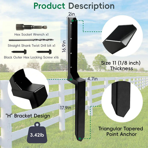 Battle Ready Four Pack Fence Post Repair Kit With One Piece Galvanized Steel Anchors And Rust Resistant Stakes installation details with dimensions