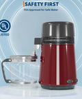No Fuss Go To Water Distiller For Countertop Home Use With Heavy Duty Stainless Steel Build And Automatic Shutoff making one full gallon of crisp sip daily inside a BPA free glass jug with bold red finish.