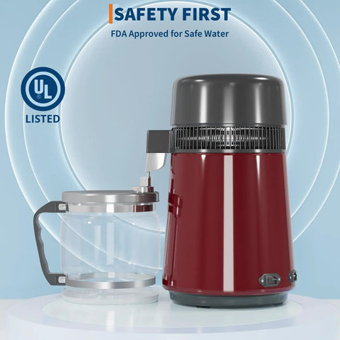 No Fuss Go To Water Distiller For Countertop Home Use With Heavy Duty Stainless Steel Build And Automatic Shutoff making one full gallon of crisp sip daily inside a BPA free glass jug with bold red finish.