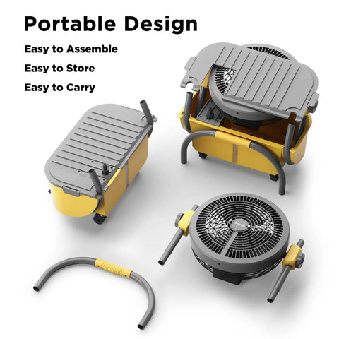 Cordless Misting Fan With 11L Tank Rechargeable Battery And 12 Inch Blade Delivers 15 Foot Mist Range For Backyard Cooling Up To 50 Hours Run Time 360 Degree Swivel Wheels Ideal For Patio Poolside And Outdoor Summer Hangouts in portable design showing assembly parts