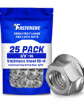 Rugged Serrated Flange Nuts 3/8-16 Inch, 25 Pack, Stainless Steel 18-8 Hex Lock Hardware, packaging and single nut