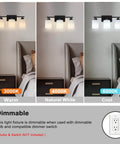 Three Light Black Matte Vanity Light Fixture With Milky White Frosted Glass Shades For Bathroom Over Mirror in warm, natural, and cool tones.