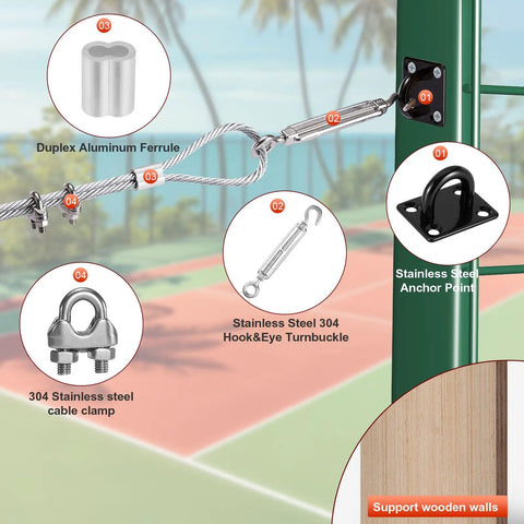 304 Stainless Steel Batting Cage Cable Kit With 5mm Braided Wire and Hardware shown with test labels on outdoor setup.