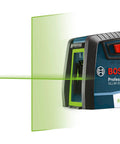 Green Beam Self-Leveling Cross-Line Laser Kit With 40 Ft Range projecting green laser line on white background