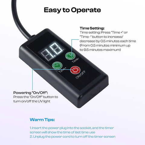 Control panel of Powerful 100W LED UV Exposure Unit for Screen Printing with timer and settings guide.