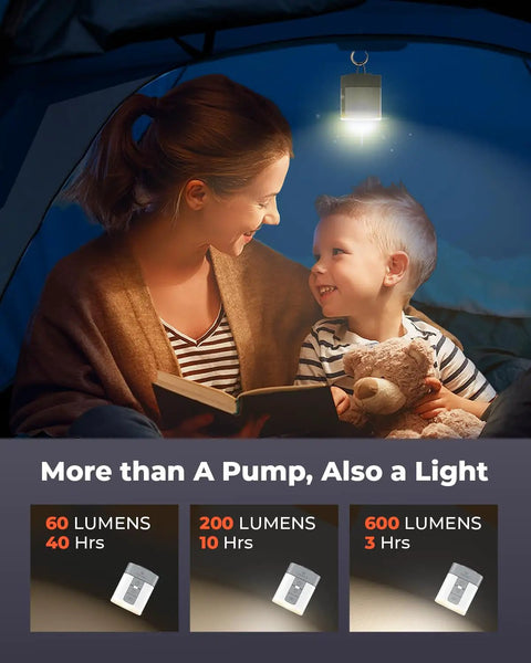 A mother and child sitting under camp light from Ultra Fast Mini Air Pump For Inflatables With 2600mAh Battery And Camp Light Portable Electric Pump.