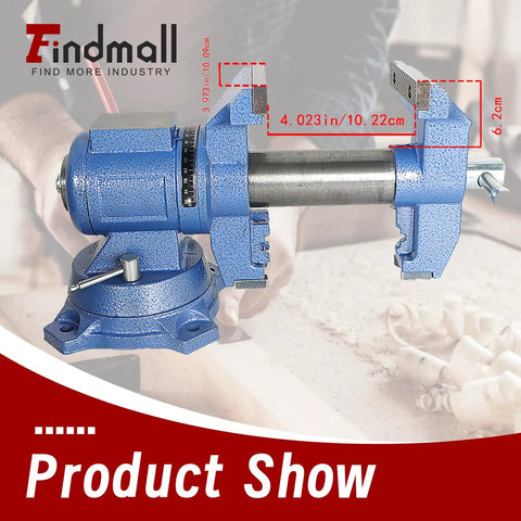 Heavy Duty Built Tough Multi Jaw Vise With 360 Degree Rotating Head And Swivel Base shown in blue with size dimensions