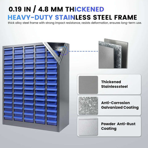 Heavy Duty 75 Drawer Small Parts Organizer For Nuts, Bolts And Tiny Hardware, Rugged Metal Storage Cabinet Frame Features