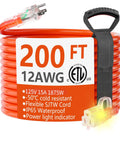 Beefy Outdoor Extension Cord 200 Feet Waterproof 12 Gauge 3 Conductor With Lighted End 15 Amp 1875W SJTW Orange ETL Cold Resistant