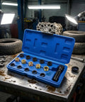 Premium Deep-Seated Metric Plug Thread Repair Tool Kit For Hot Shot Workshop Fixes With Solid Blue Storage Case And Complete Reconditioning Set for Tough Mending Jobs, open blue case with metal inserts on workshop bench
