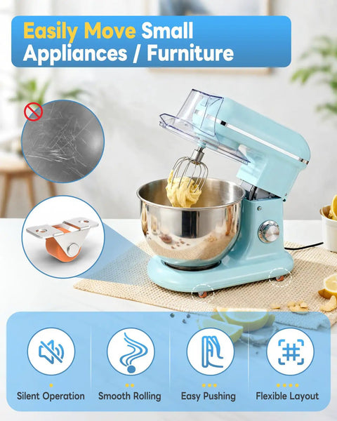 Mini Low Profile Rubber Caster Wheels 0.5 Inch, Self Adhesive And Screw Mounted Fixed Casters For Furniture And Appliances, No Sweat Setup Delivers A Slick Smooth Glide, Smart Mobility Hack For Desk Organizers And Storage Bins, Orange 16 Pack with a blue mixer on a countertop, showcasing caster wheels under the appliance.