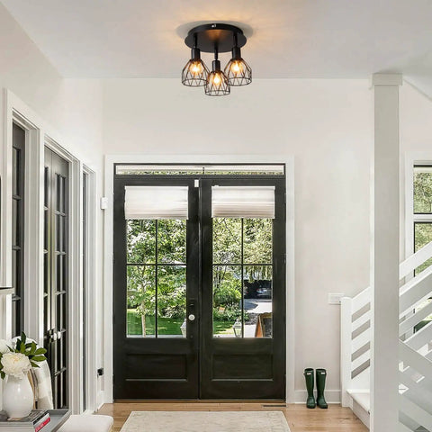 Three Light Ceiling Mount Kitchen Fixture With Multi Directional Rotating Black Iron Lamp Shades For Farmhouse Style Kitchens Dining Rooms Porches And Hallways E12 Bulb Not Included