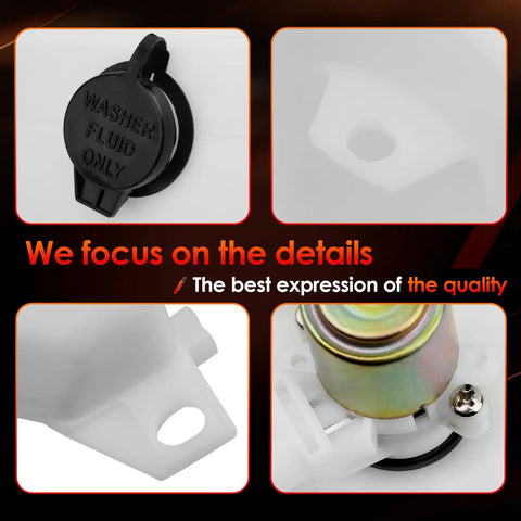 Close-up of Heavy Duty Windshield Washer Fluid Reservoir Tank With Pump Replacement cap and connection details.