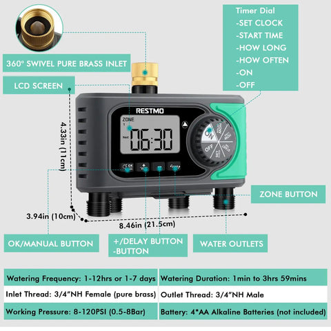 4 Zone Sprinkler Timer With Brass Inlet And Digital Control, Auto Garden Hose Water Timer for Lawn, Yard And Drip Irrigation