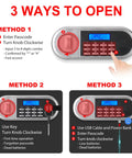 Display of three unlocking methods for 1.3 Cu Ft Fireproof Safe For Home Use Compact Anti Theft Safe with digital keypad and key options