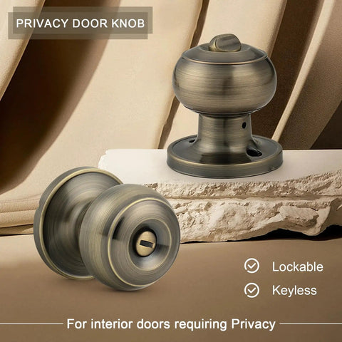 Privacy Door Knob Lock Set For Interior Bedroom And Bathroom Doors Keyless Turn Button Privacy Round Ball Handle In Antique Brass Stainless Steel Durability 5 Pack