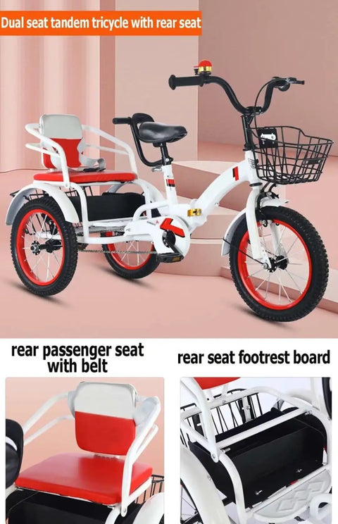 Outdoor Trike For Kids Aged 3 To 10 With Chain Drive Pedals Folding Three Wheel Bike showing rear seat and footrest details