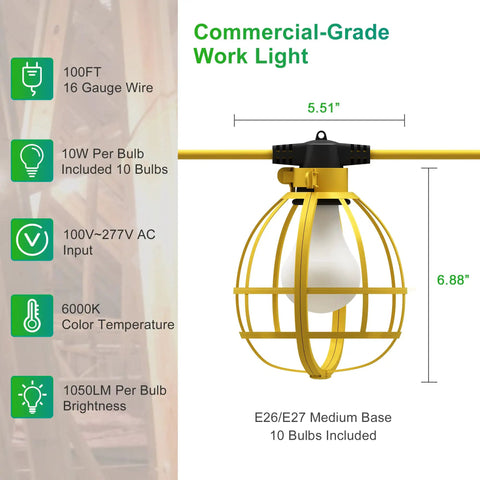 Close-up of 100Ft Construction String Lights With 10 Bulbs, 100W, 10500 Lumens, Cool Daylight 6000K, Weatherproof IP65 in yellow cage