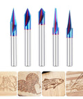 Premium CNC Wood Carving Router Bit Set With One Quarterly Inch Shank And Fifteen Through Ninety Degree Angles, five sharp bits.