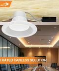 12 Inch Recessed Led Commercial Downlight With J Box 30 40 50W Switchable Wattage Three Cct 3000K To 5000K Dimmable Ic Rated ETL installed in modern office ceiling.