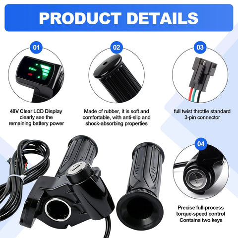 Universal 48V Ebike Full Twist Throttle With LCD Display And Key Lock, Plug And Play Handlebar Grip For Ridstar Q20 Q20Lite Q20Pro H20 H26 Pro H20 Pro And Other Ebikes And Scooters, Fits Seven Eighths Inch Handlebars 22mm