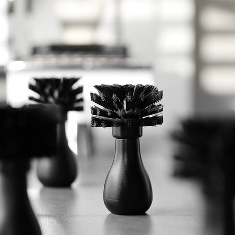 Pro-Grade Espresso Portafilter Brush For 51mm, 54mm, And 58mm Baskets, ABS Handle, Arc Cross Bristles in focus