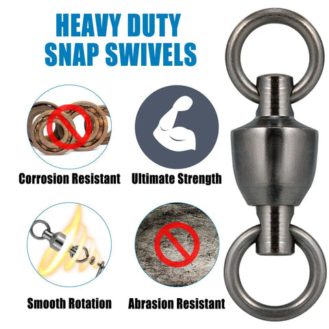 Heavy duty snap swivel demonstrating corrosion, abrasion resistance, smooth rotation, and ultimate strength features.