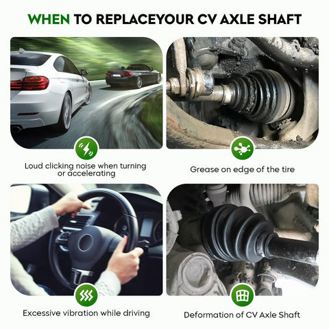 Nissan Front CV Axle Shaft Assembly Two Piece Set For Altima 07 To 12 With Automatic CVT Transmission 2013 Altima Coupe And Rogue FWD Models 08 To 13 And 14 To 15 Rogue Select Direct Fit Replacement showing worn CV axle damage signs