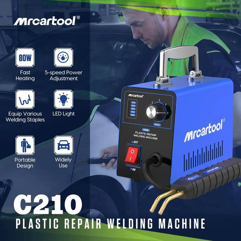 Plastic Welder Kit With 600 Hot Staples And 5 Level Adjustable 110V Power Hot Stapler Car Bumper Repair Tool displayed with features.