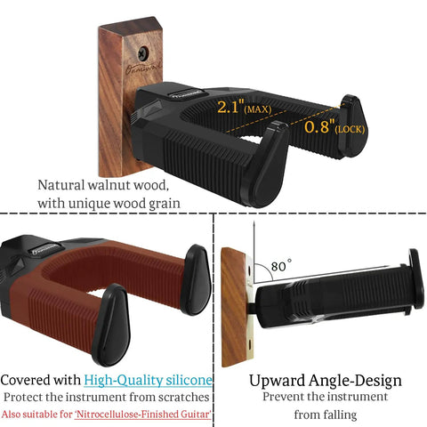 Auto Lock Guitar Wall Mount With Black Walnut Wood Hanger showing secure grip, 80° design, walnut base, protects guitars and bass.