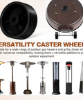 Set of four black plastic caster wheels for patio heater replacement; compatible with gas patio heaters.