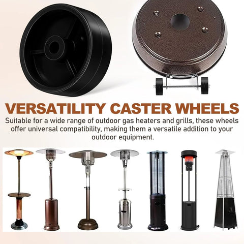 Set of four black plastic caster wheels for patio heater replacement; compatible with gas patio heaters.