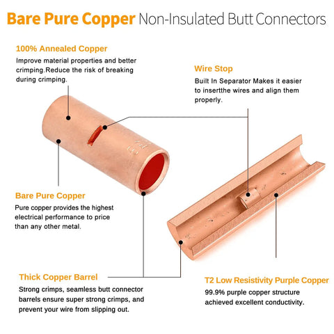 10 Packs 4 Gauge Butt Connectors Kit With Pure Copper Barrels, Uninsulated Crimp Splices For Auto Repair, Includes 10 3:1 Heat Shrink Tubing