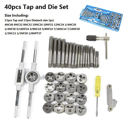 Heavy Duty Tap And Die Set 32 Piece Precision Thread Repair Kit With Wrench For Mechanics And DIYers, Alloy Steel Hand Tools For Quick Fixes And Smooth Jobs On Vehicles Or Machinery. 40-piece tap and die set with blue case, alloy steel taps, dies, and wrench