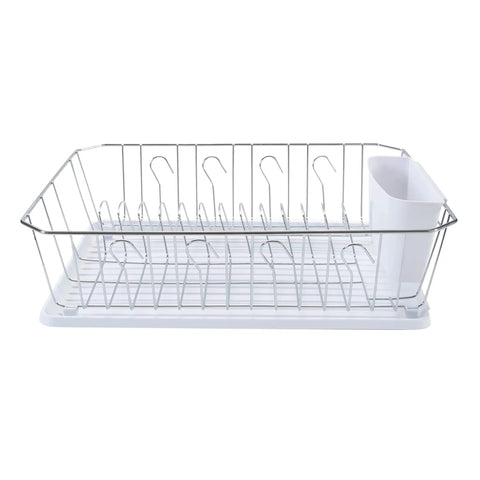 3 Piece Dish Rack Set With Cutlery Basket And Drainboard Tray Self Draining Open Wire Countertop Drying Rack In Chrome White