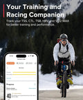 Cyclist in winter gear using Ocean Dive Computer And Tank Pod Kit With GPS Multisport Watch, performance tracking on smartphone.