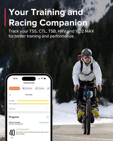 Cyclist in winter gear using Ocean Dive Computer And Tank Pod Kit With GPS Multisport Watch, performance tracking on smartphone.