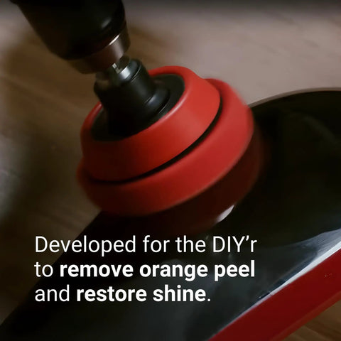 DIY Car Polishing Kit For Orange Peel Removal And Deep Mirror Shine demo with drill and sanding pad in action.